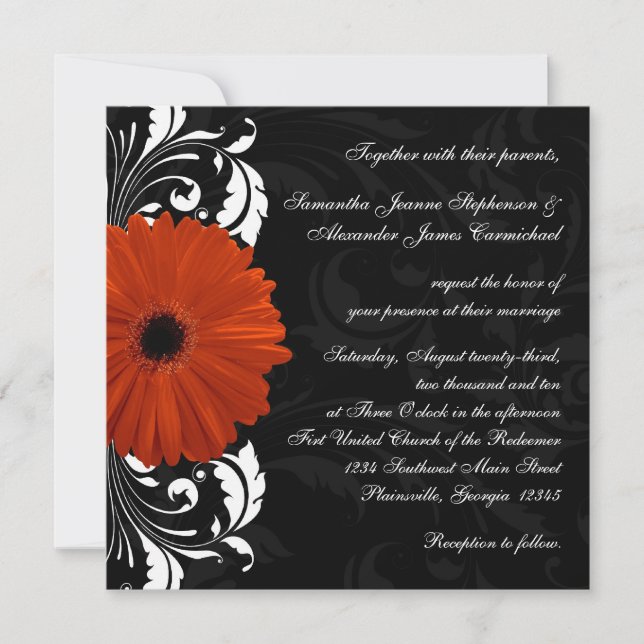 Orange Gerbera Daisy with Black and White Scroll Invitation (Front)