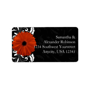 Orange Gerbera Daisy with Black and White Scroll Label