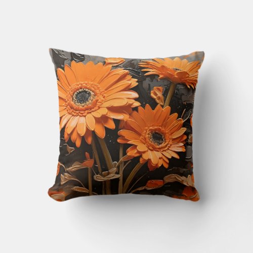 Orange Gerbera Flowers Painting Throw Pillow