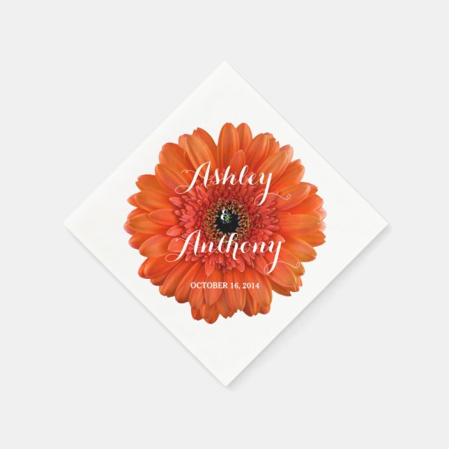 Orange Gerbera Gerber Daisy Personalized Wedding Paper Napkins (Corner)