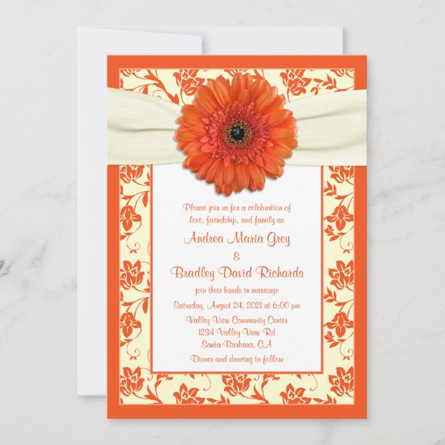 Orange Gerbera Ivory Floral Wedding Invitation (Front)