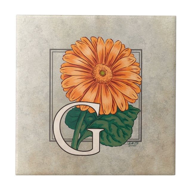 Orange Gerberas Floral Monogram  Ceramic Tile (Front)