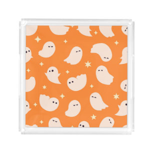 Orange Ghost Doodle Pattern Acrylic Tray