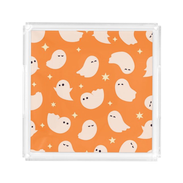 Orange Ghost Doodle Pattern Acrylic Tray (Front)