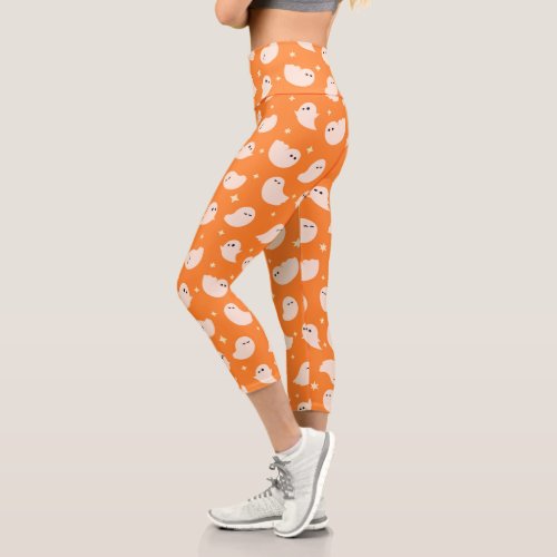 Orange Ghost Doodle Pattern Capri Leggings