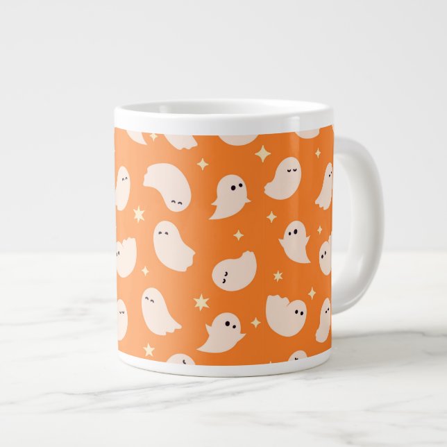 Orange Ghost Doodle Pattern Giant Coffee Mug (Front Right)