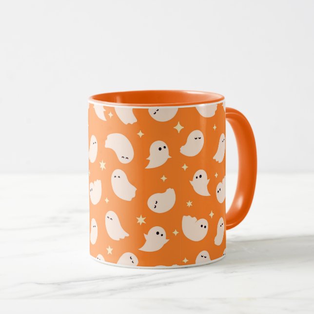 Orange Ghost Doodle Pattern Mug (Front Right)