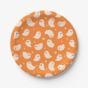 Orange Ghost Doodle Pattern Paper Plates