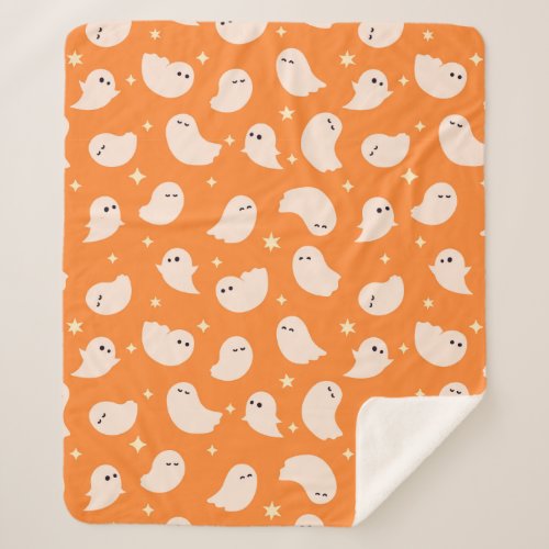 Orange Ghost Doodle Pattern Sherpa Blanket