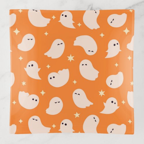 Orange Ghost Doodle Pattern Trinket Tray