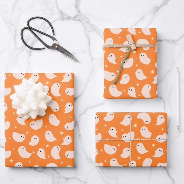 Orange Ghost Doodle Pattern Wrapping Paper Sheets (Front)