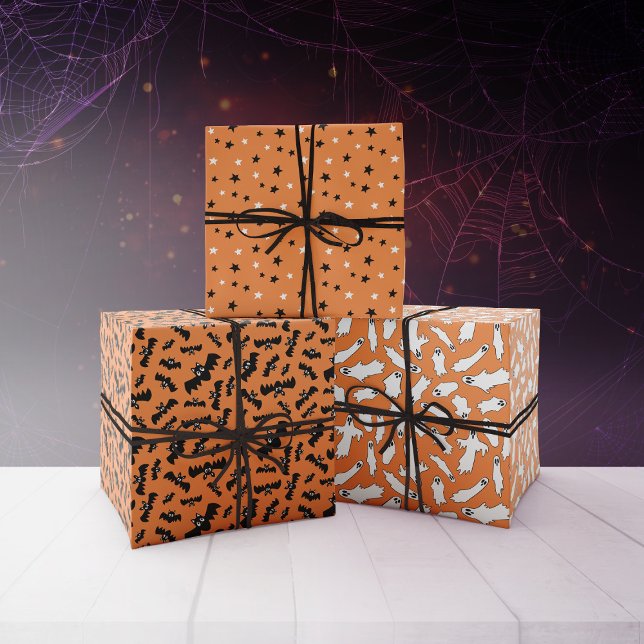 Orange Ghosts Bats Stars Halloween Patterns Wrapping Paper Sheets (Creator Uploaded)