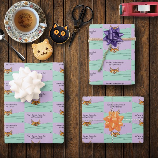 Orange Ginger Purple Cute Cat Mom Mother’s Day Wrapping Paper Sheets (Creator Uploaded)