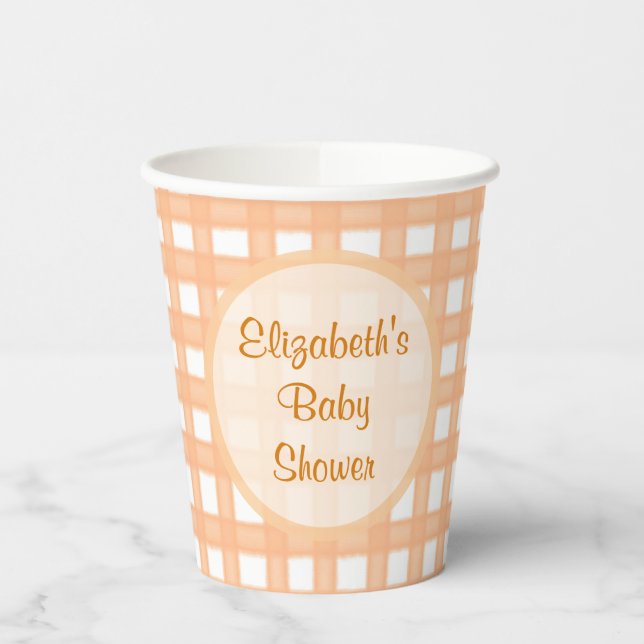 Orange Gingham Baby Shower Custom Name Paper Cups (Left)