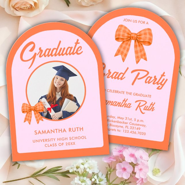 Orange Gingham Bow Arch Photo Graduation Party Invitation (Creator Uploaded)