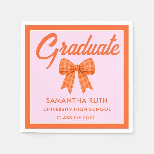 Orange Gingham Bow Graduation Party Napkins (Front)