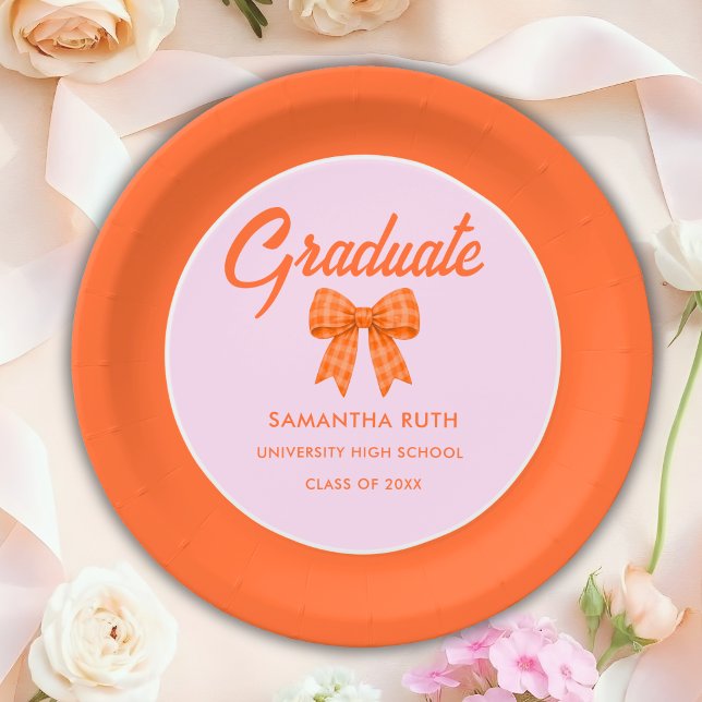 Orange Gingham Bow Graduation Party Paper Plates (Creator Uploaded)