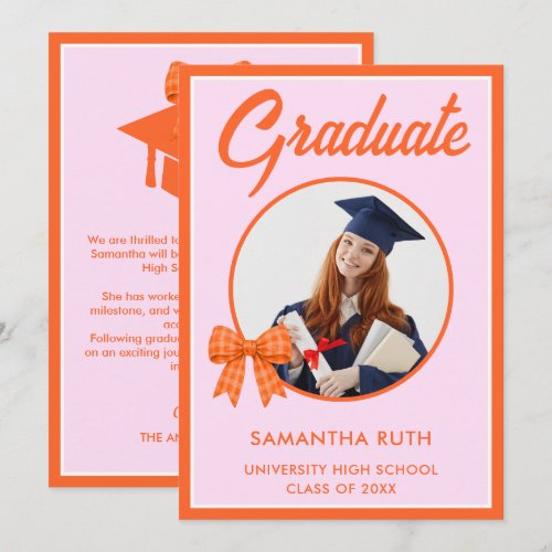 Orange Gingham Bow Photo Graduation Announcement