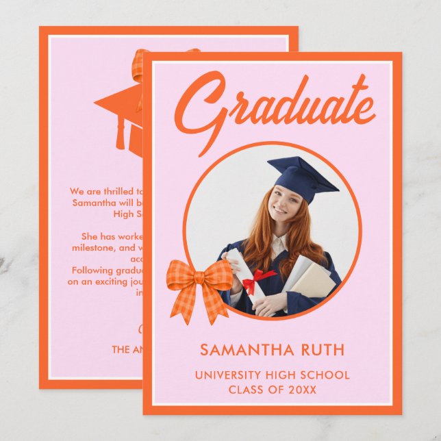 Orange Gingham Bow Photo Graduation Announcement (Front/Back)