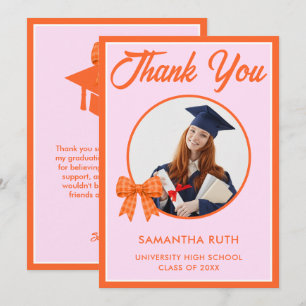 Orange Gingham Bow Photo Graduation Thank You Card
