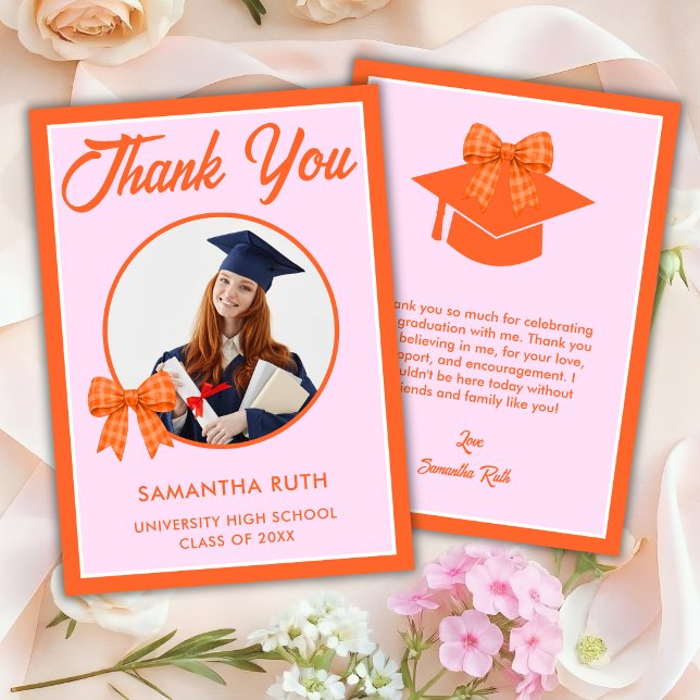 Orange Gingham Bow Photo Graduation Thank You Card (Creator Uploaded)