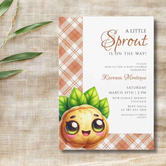 Orange Gingham Celery Little Sprout Baby Shower Invitation (Creator Uploaded)