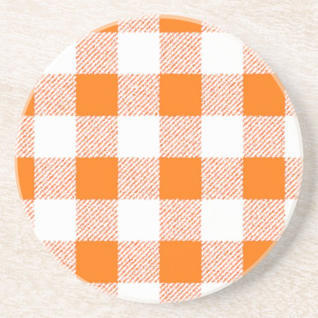 Orange Gingham Check Pattern Sandstone Coaster (Front)