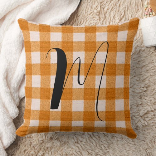 Orange Gingham Check Plaid Name Monogrammed Throw Pillow