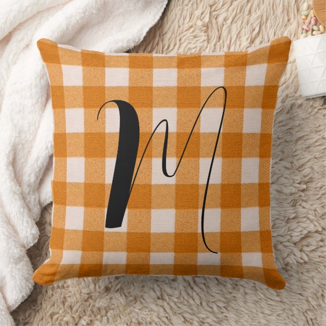 Orange Gingham Check Plaid Name Monogrammed Throw Pillow (Blanket)