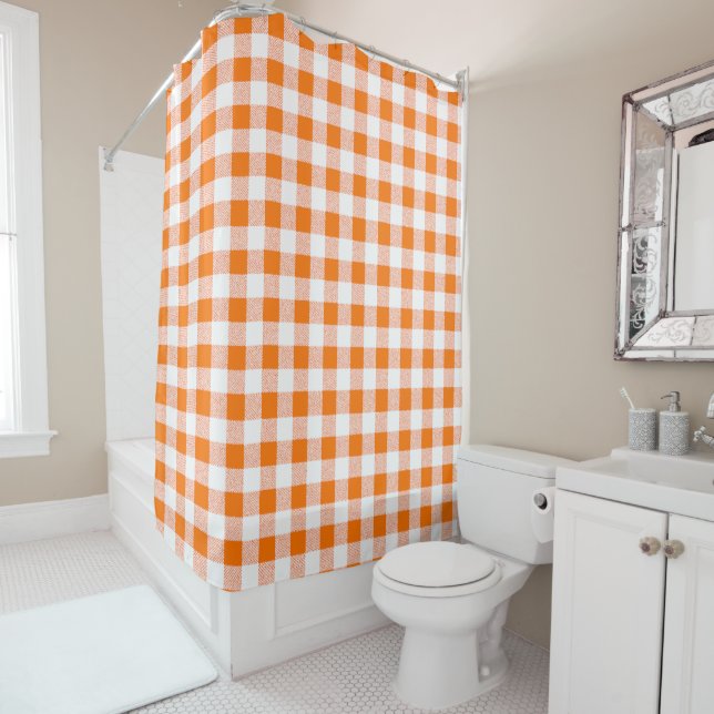 orange gingham check shower curtain (In Situ)