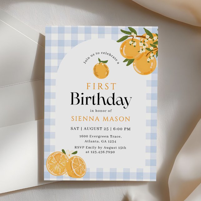 Orange Gingham Citrus 1st Birthday Invitation (Creator Uploaded)