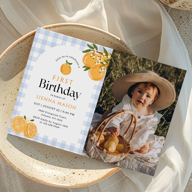 Orange Gingham Citrus 1st Birthday Photo Invitation (Creator Uploaded)