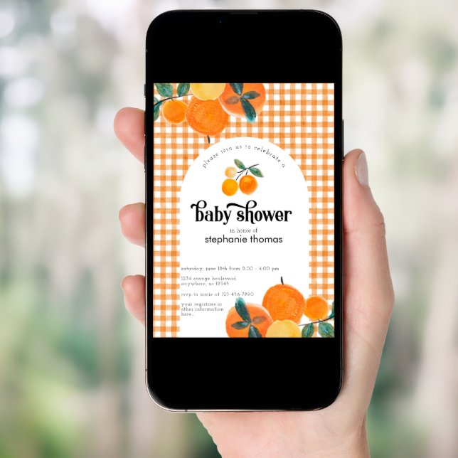 Orange Gingham Citrus Baby Shower Invitation (Front Digital)