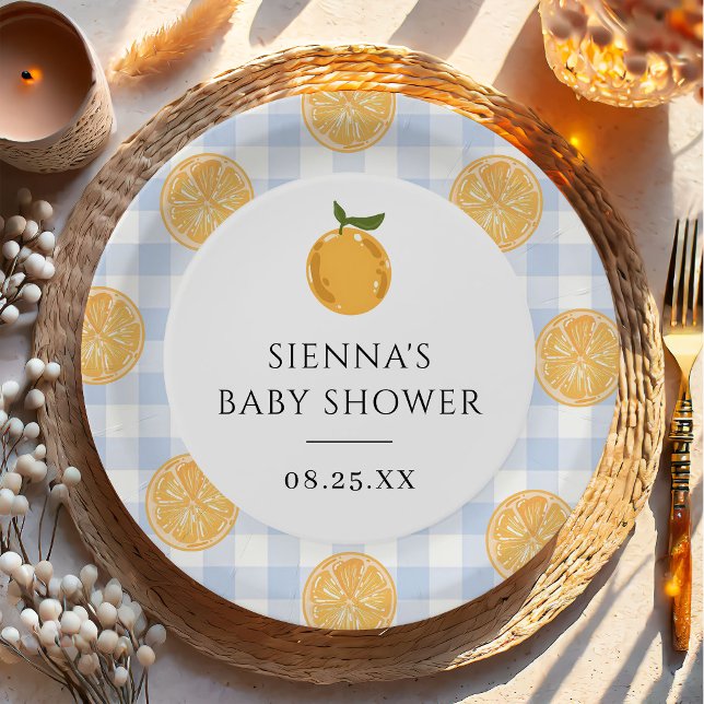 Orange Gingham Citrus Baby Shower Paper Plates (Creator Uploaded)