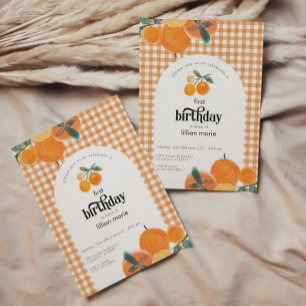 Orange Gingham Citrus Birthday Invitation