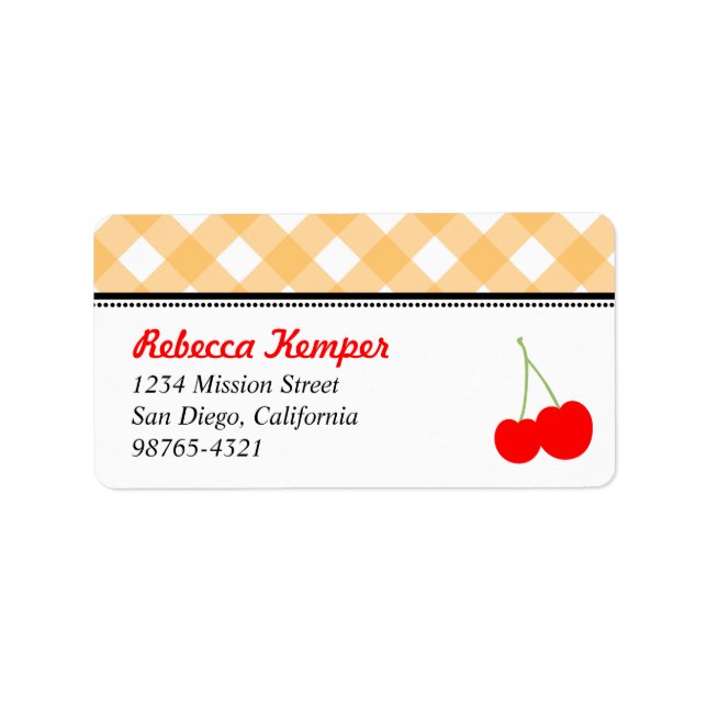 Orange gingham country red cherries return address label (Front)