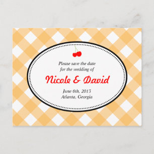Orange gingham country rustic cherry save the date announcement postcard