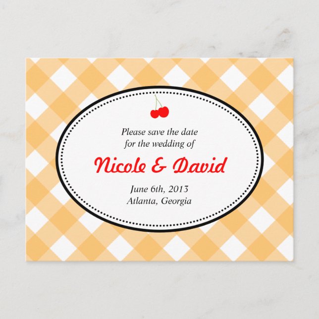 Orange gingham country rustic cherry save the date announcement postcard (Front)
