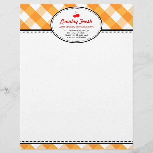 Orange gingham country rustic red cherry personal letterhead (Front)
