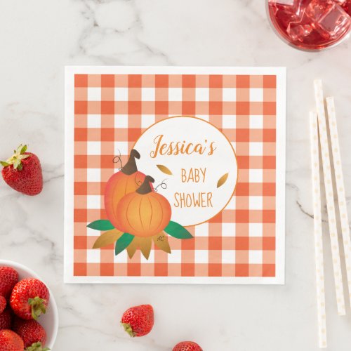 Orange Gingham Fall Baby Shower Paper Napkins