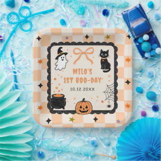 Orange Gingham Halloween Birthday Party Paper Plates