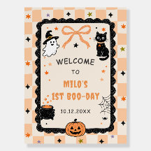 Orange Gingham Halloween Birthday Welcome Sign