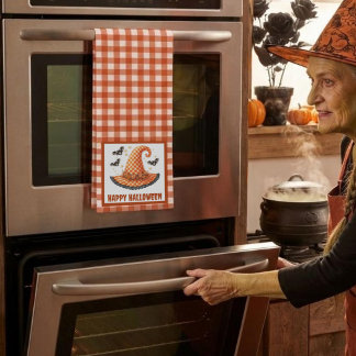Orange Gingham Halloween Witch Hat and Bats Kitchen Towel