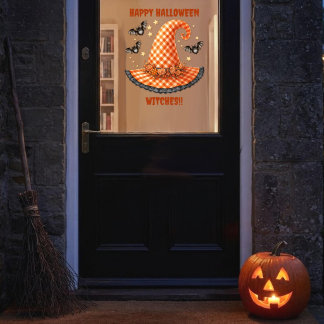 Orange Gingham Halloween Witch Hat And Bats Window Cling