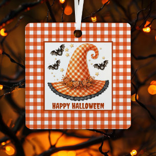 Orange Gingham Halloween Witch Hat & Bats Metal Ornament