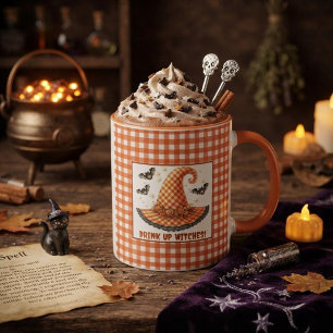 Orange Gingham Halloween Witch Hat & Bats Mug