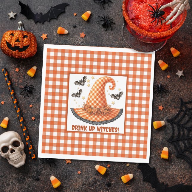 Orange Gingham Halloween Witch Hat & Bats Napkins (Creator Uploaded)