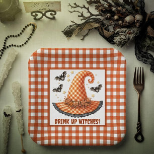 Orange Gingham Halloween Witch Hat & Bats Paper Plates