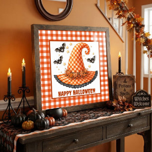 Orange Gingham Halloween Witch Hat & Bats Poster