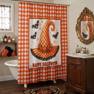 Orange Gingham Halloween Witch Hat & Bats Shower Curtain